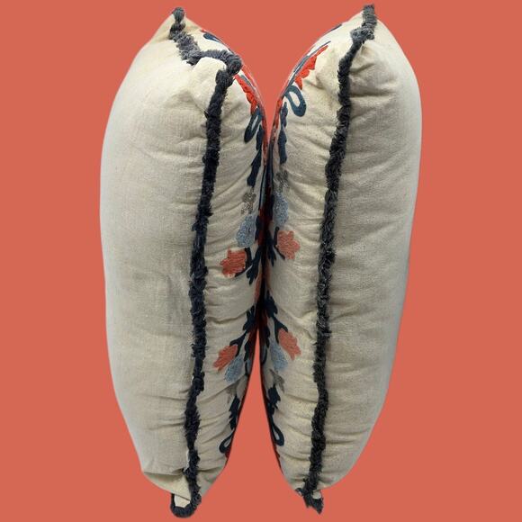 Set of 2 Embroidered Fringed Bold Floral Lumbar Throw Pillows Approx. 24x13x4" - Picture 15 of 16